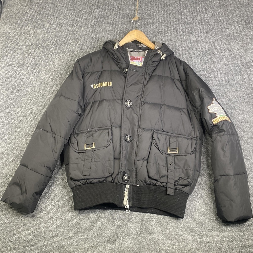DSQUARED Mountain Range Jacket Mens 48 Black Down Puffer Bomber Hooded Ski Logo